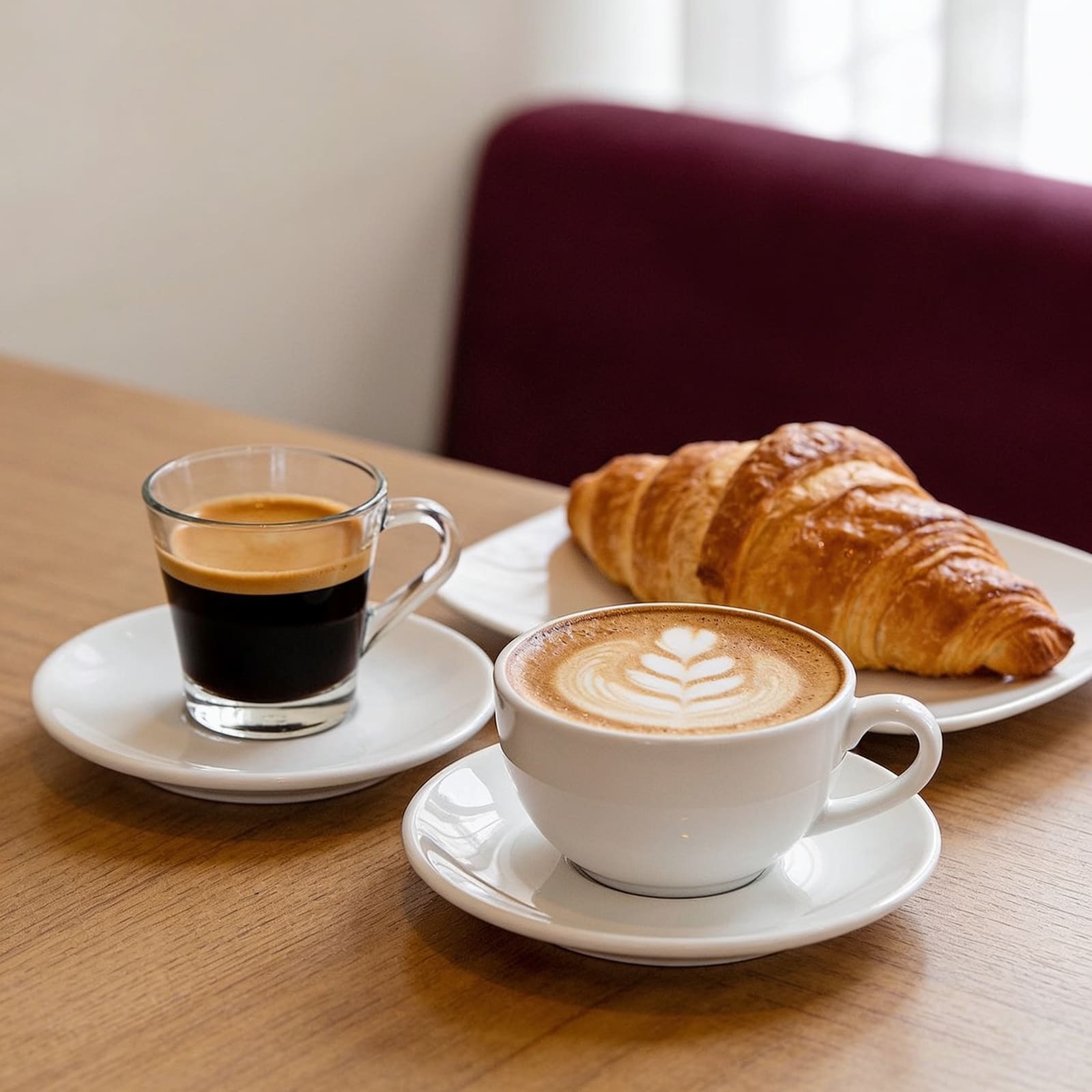 Espresso, cappuccino e cornetti freschi per la colazione